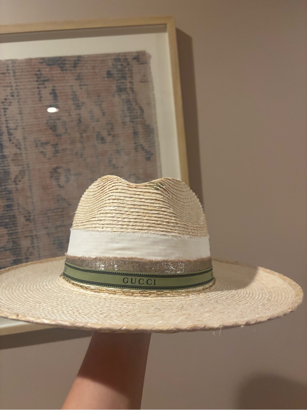 Beige Straw Hat with Gucci Green Logo, White, & Gold Ribbon